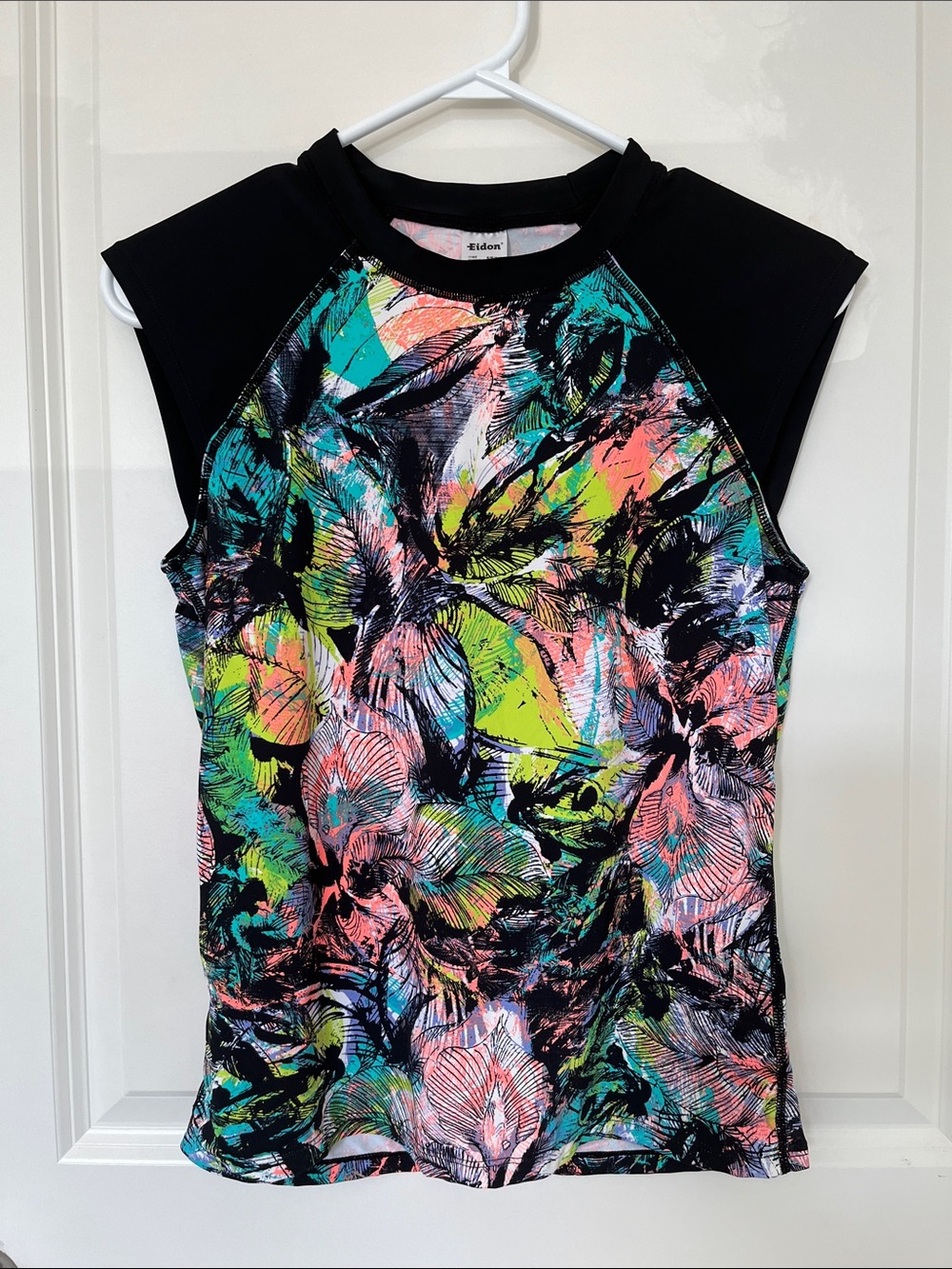 Women’s Floral Sleeveless Rash Guard Swim Top in Black and Neon Print
